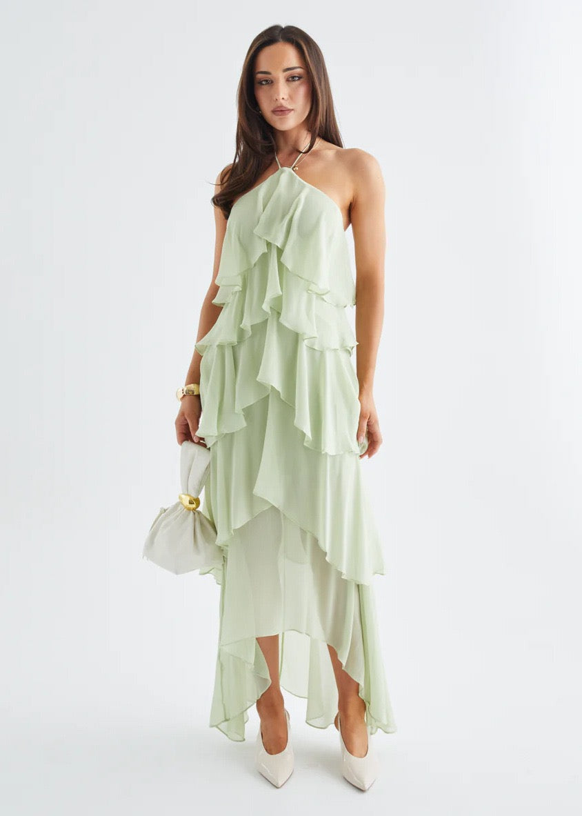 Tiered chiffon ruffle maxi dress with neck ties and an open back – Lily