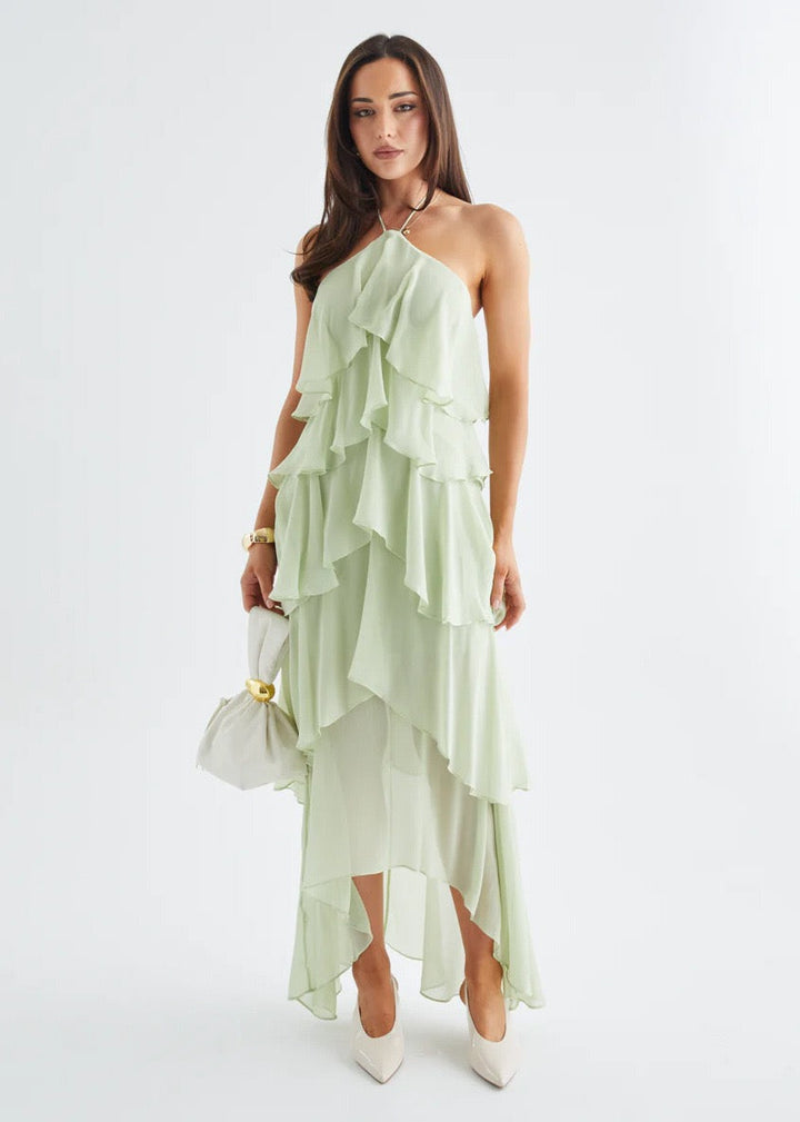 Tiered chiffon ruffle maxi dress with neck ties and an open back – Lily