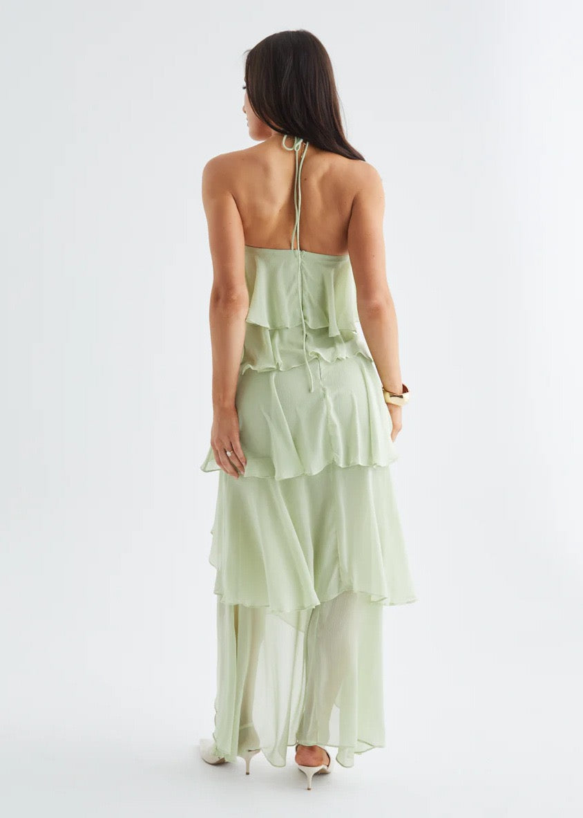 Tiered chiffon ruffle maxi dress with neck ties and an open back – Lily