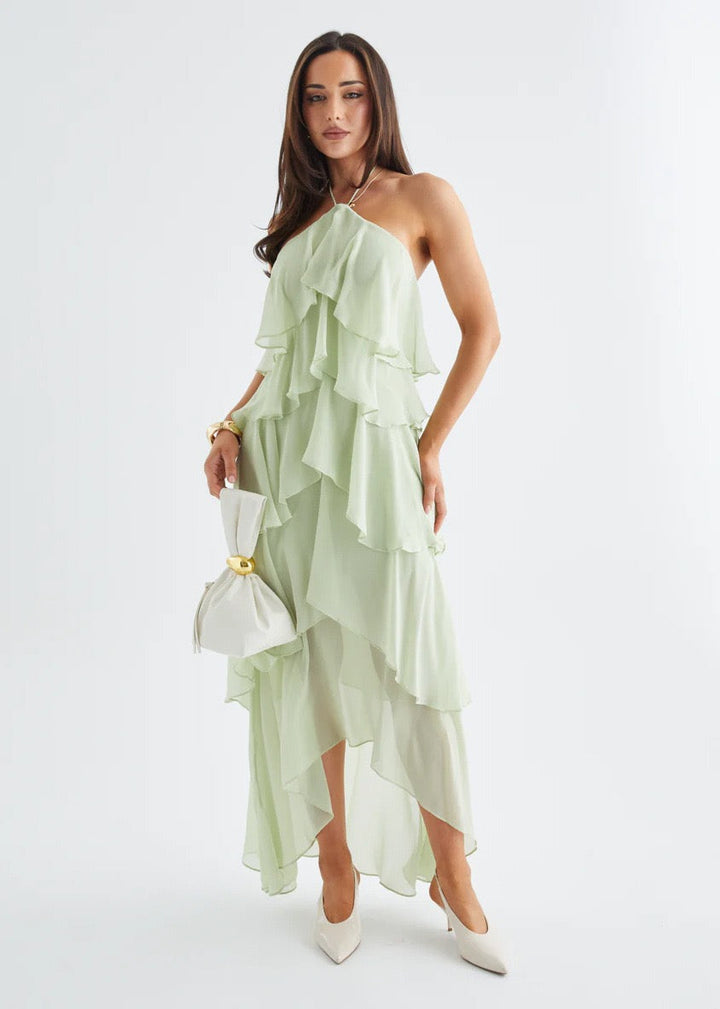 Tiered chiffon ruffle maxi dress with neck ties and an open back – Lily