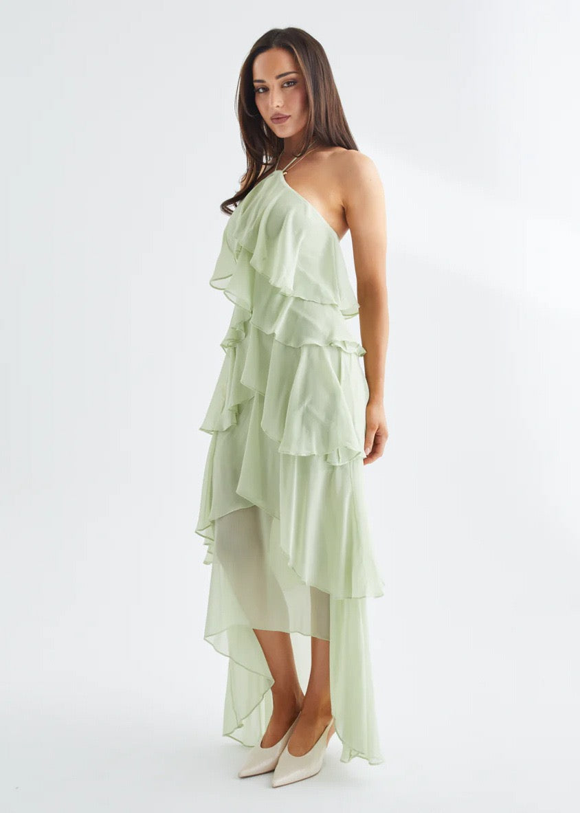 Tiered chiffon ruffle maxi dress with neck ties and an open back – Lily