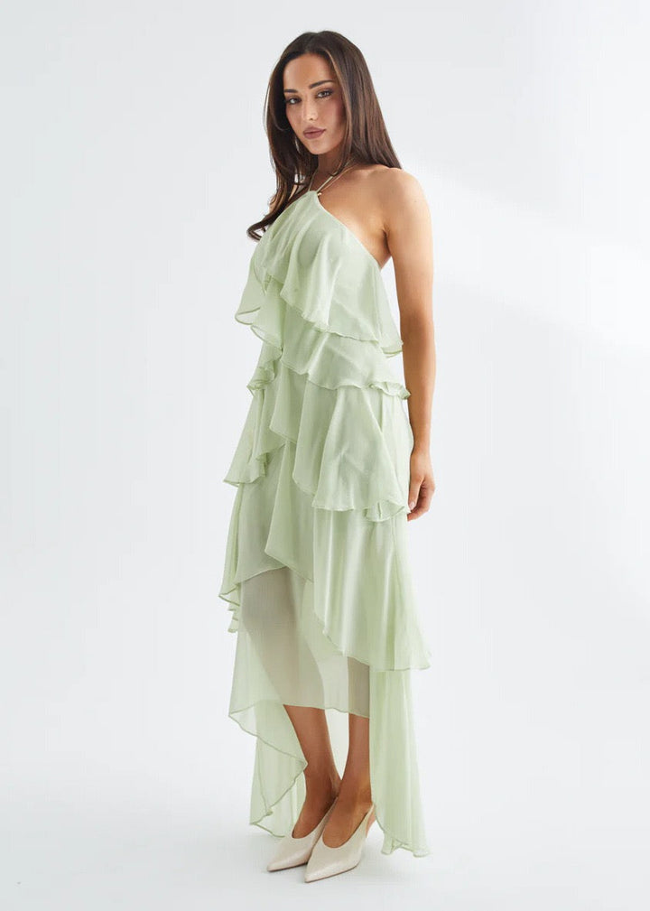 Tiered chiffon ruffle maxi dress with neck ties and an open back – Lily
