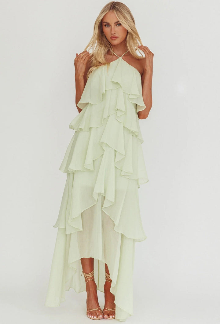 Tiered chiffon ruffle maxi dress with neck ties and an open back – Lily
