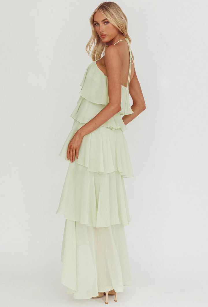 Tiered chiffon ruffle maxi dress with neck ties and an open back – Lily