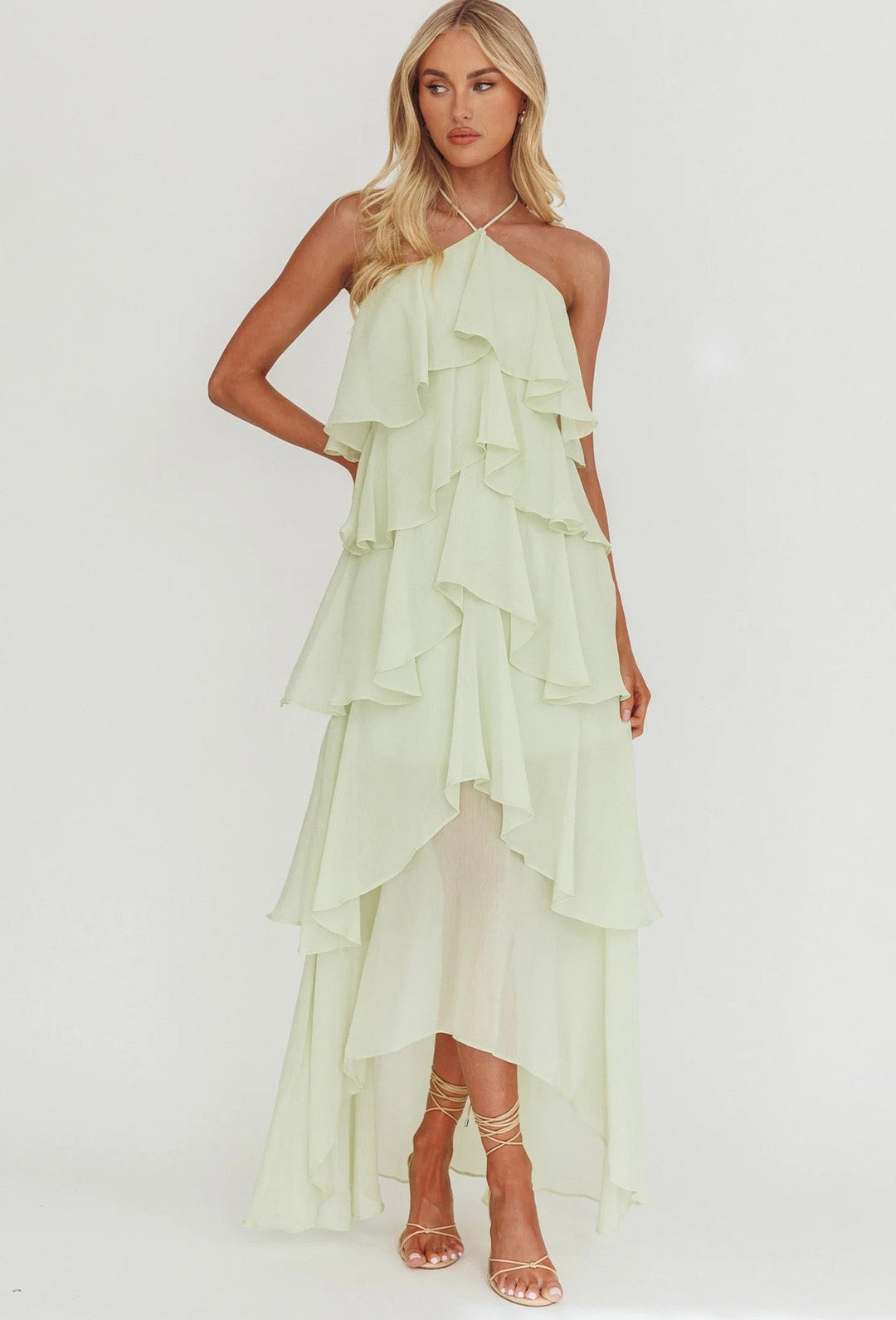 Tiered chiffon ruffle maxi dress with neck ties and an open back – Lily