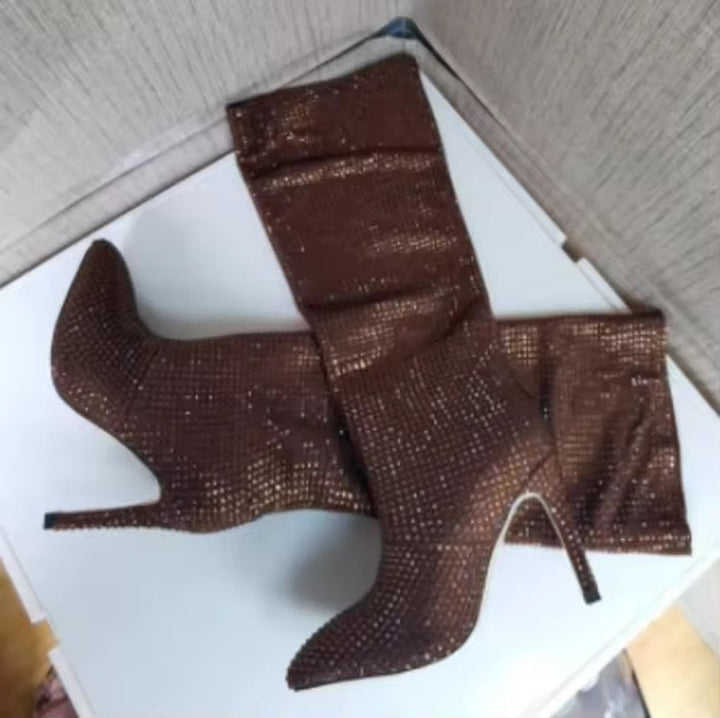 High-heeled pointed-toe boots with glittery rhinestones - Josie