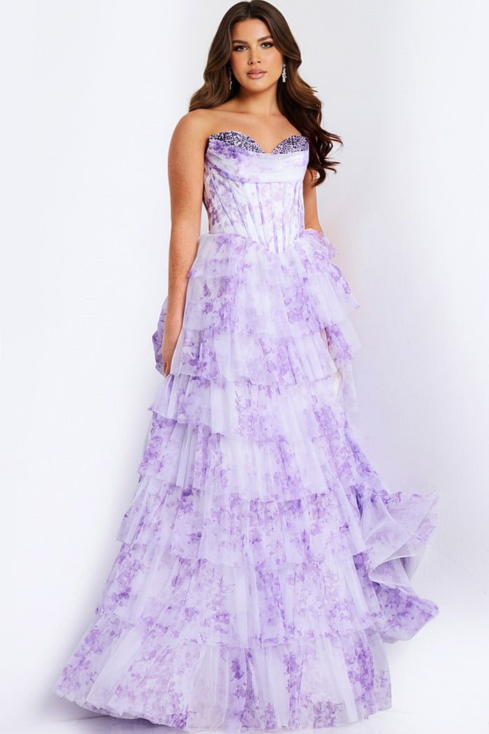 SHERY strapless ruffle maxi dress with a corset design, back tie, waist-cinching fit, and slit