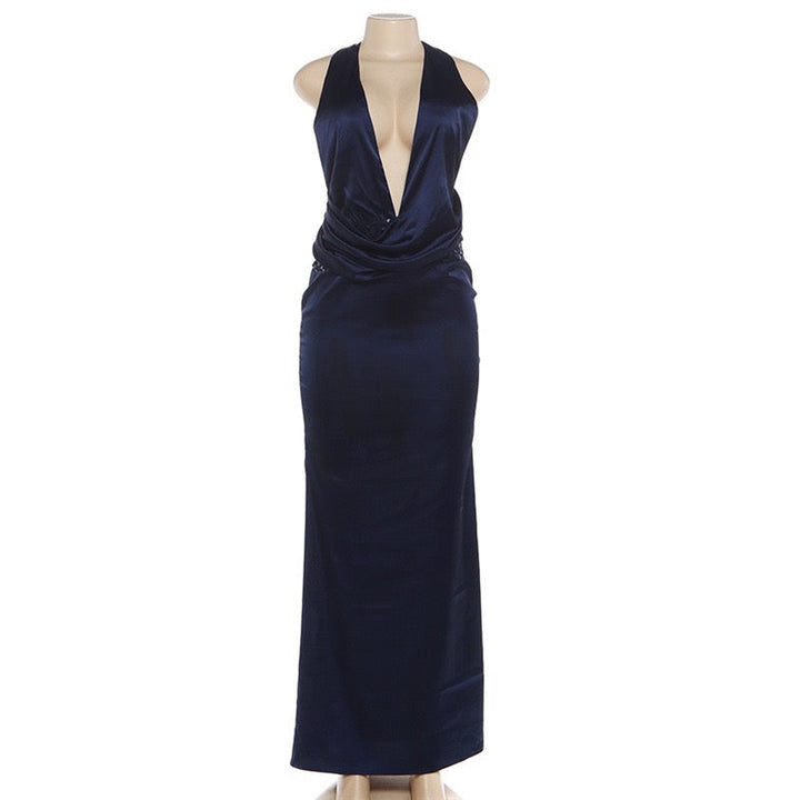 Satin maxi dress with pleats, open back and sequins - EDEN