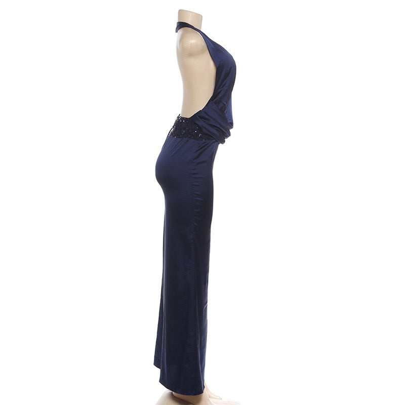 Satin maxi dress with pleats, open back and sequins - EDEN