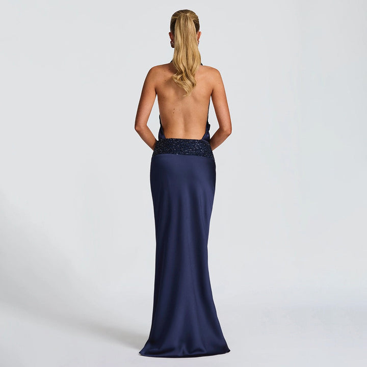 Satin maxi dress with pleats, open back and sequins - EDEN