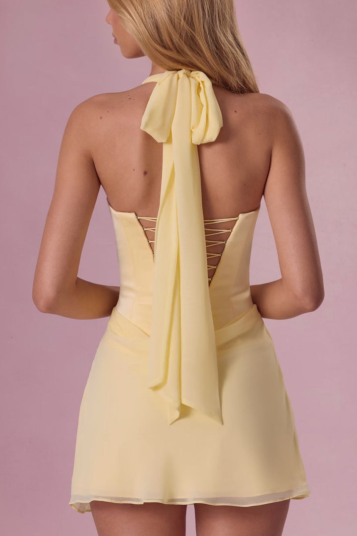 Satin mini dress with back ties for a fitted waist and chiffon trim – Amrize