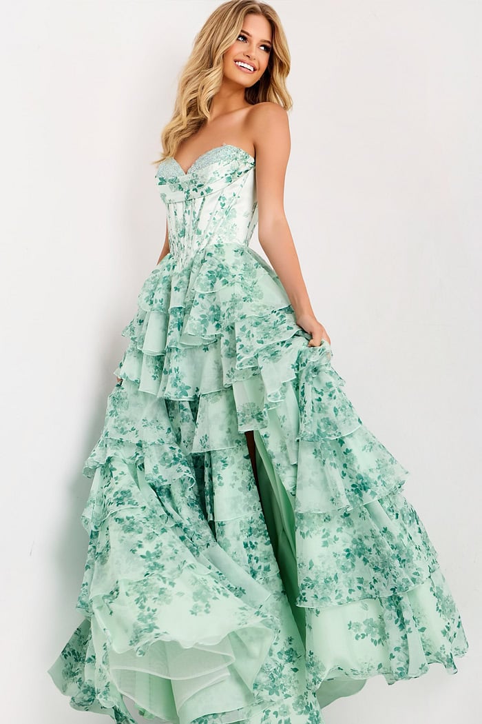 SHERY strapless ruffle maxi dress with a corset design, back tie, waist-cinching fit, and slit