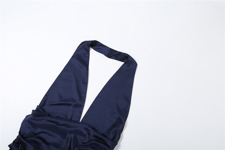 Satin maxi dress with pleats, open back and sequins - EDEN