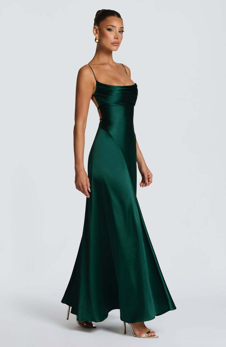 Satin maxi dress with tie back for fastening at the waist - HILIYA