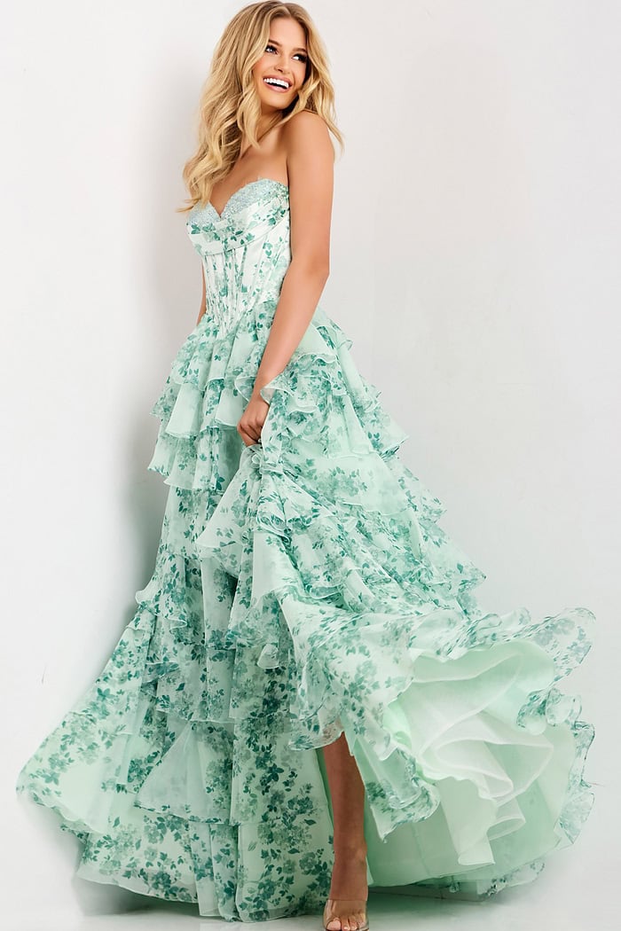 SHERY strapless ruffle maxi dress with a corset design, back tie, waist-cinching fit, and slit
