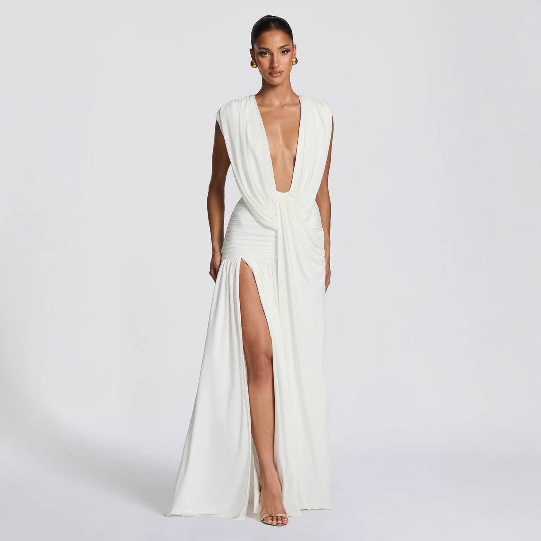 שמלת מקסי קיפולים בעיצוב גב פתוח ושסע - pnney