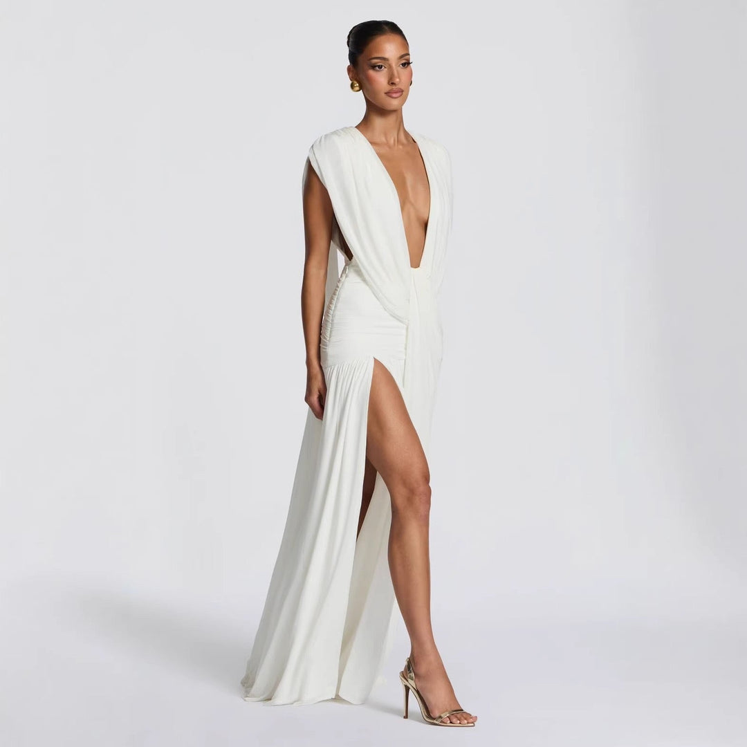 שמלת מקסי קיפולים בעיצוב גב פתוח ושסע - pnney