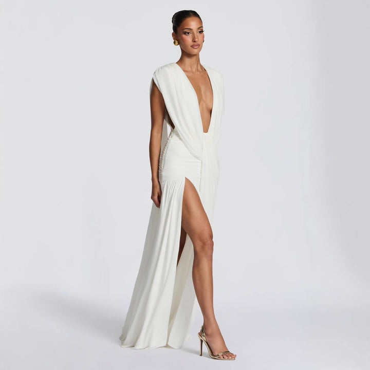 שמלת מקסי קיפולים בעיצוב גב פתוח ושסע - pnney