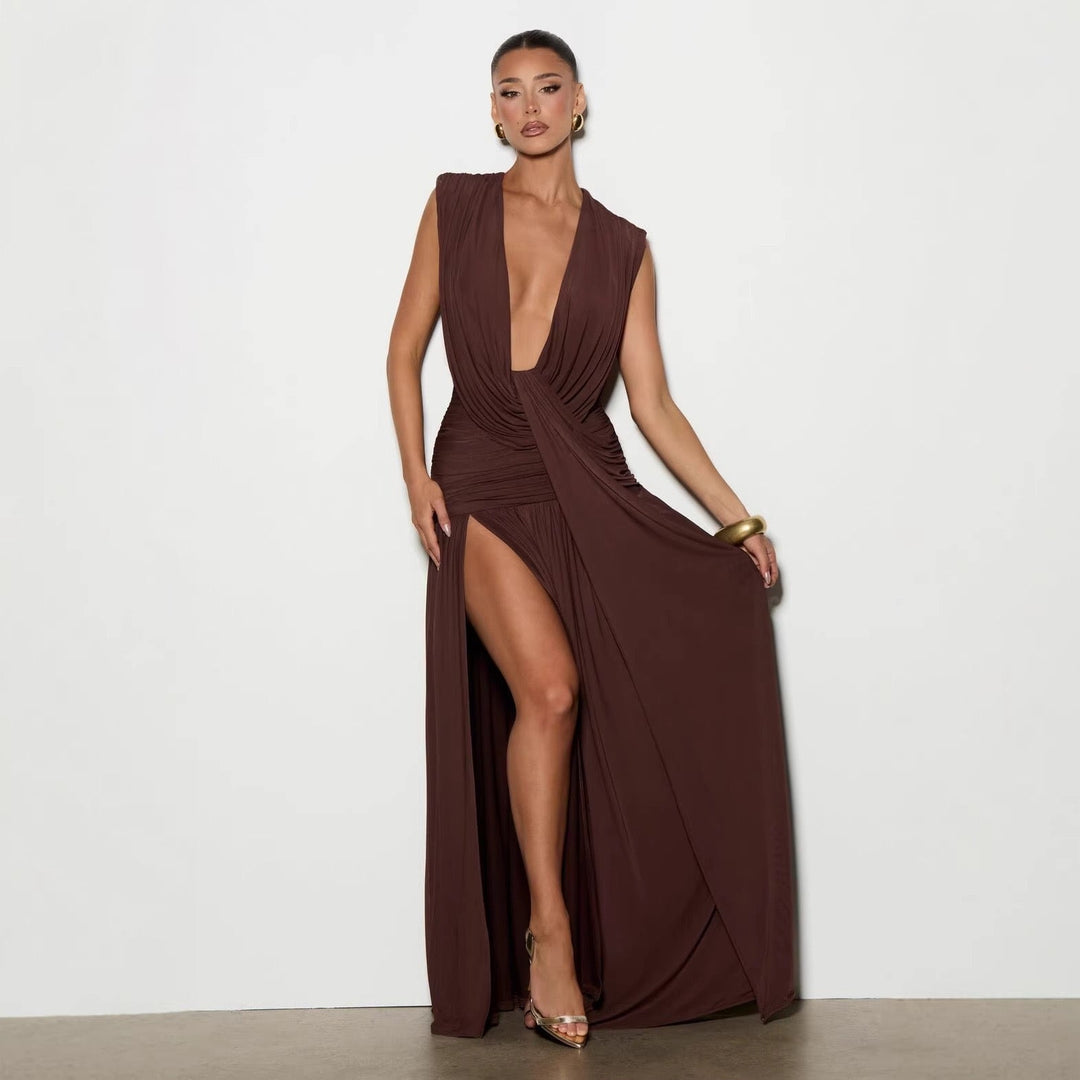 שמלת מקסי קיפולים בעיצוב גב פתוח ושסע - pnney