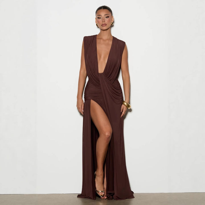 שמלת מקסי קיפולים בעיצוב גב פתוח ושסע - pnney