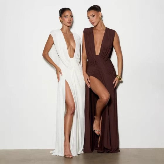 שמלת מקסי קיפולים בעיצוב גב פתוח ושסע - pnney