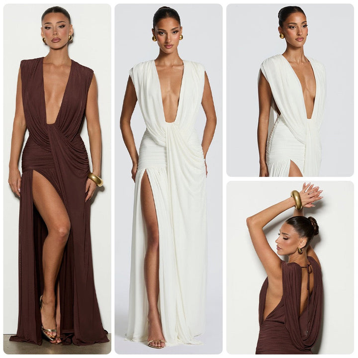 שמלת מקסי קיפולים בעיצוב גב פתוח ושסע - pnney