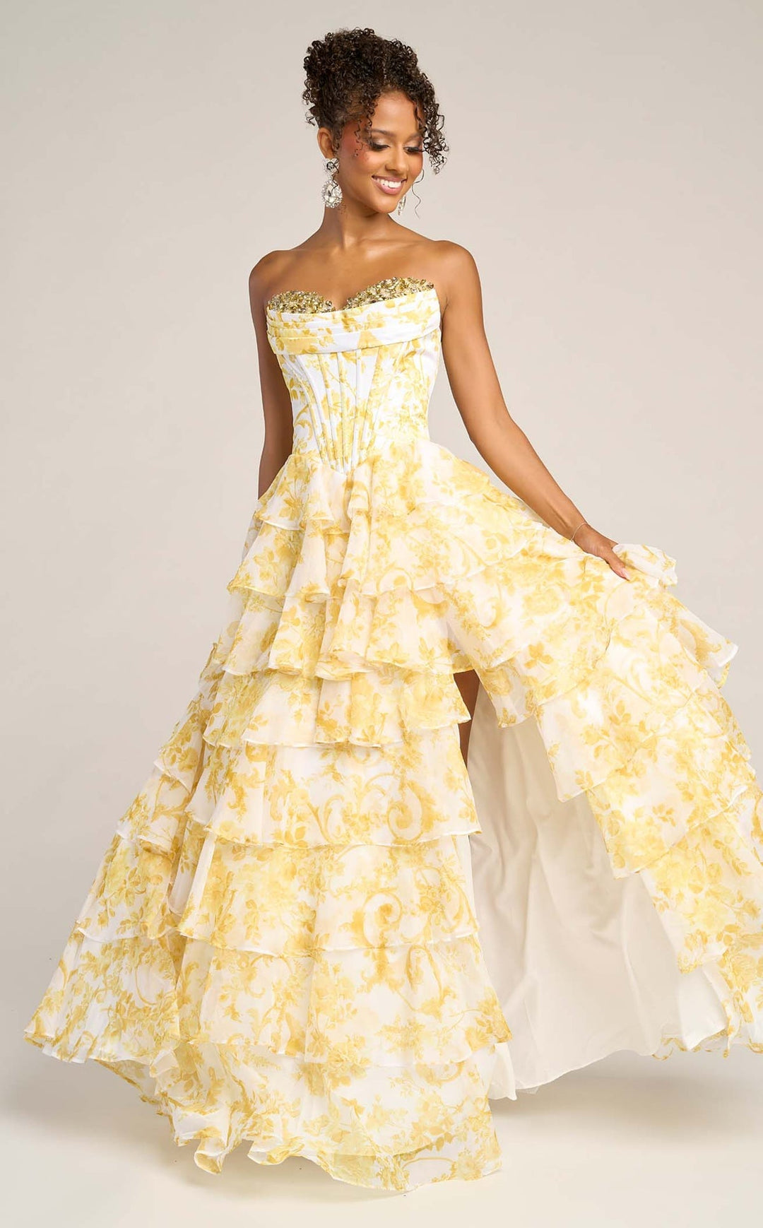 SHERY strapless ruffle maxi dress with a corset design, back tie, waist-cinching fit, and slit