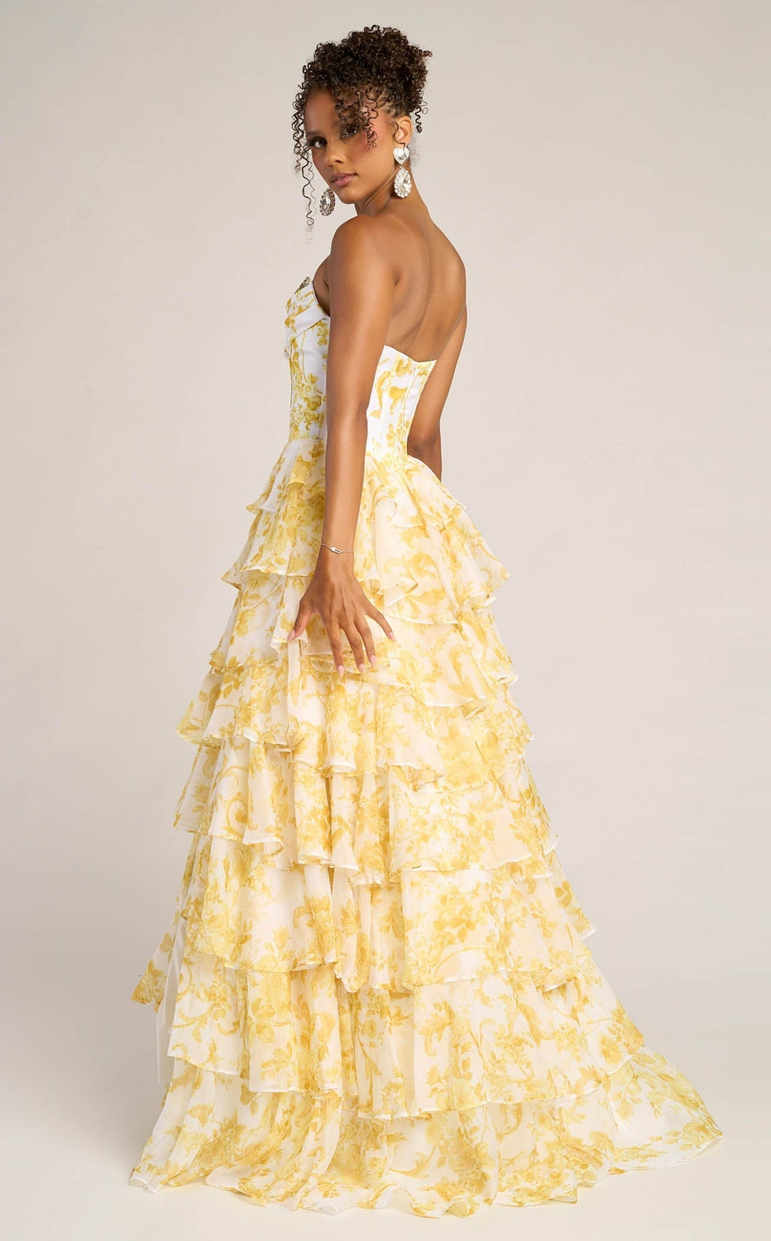 SHERY strapless ruffle maxi dress with a corset design, back tie, waist-cinching fit, and slit