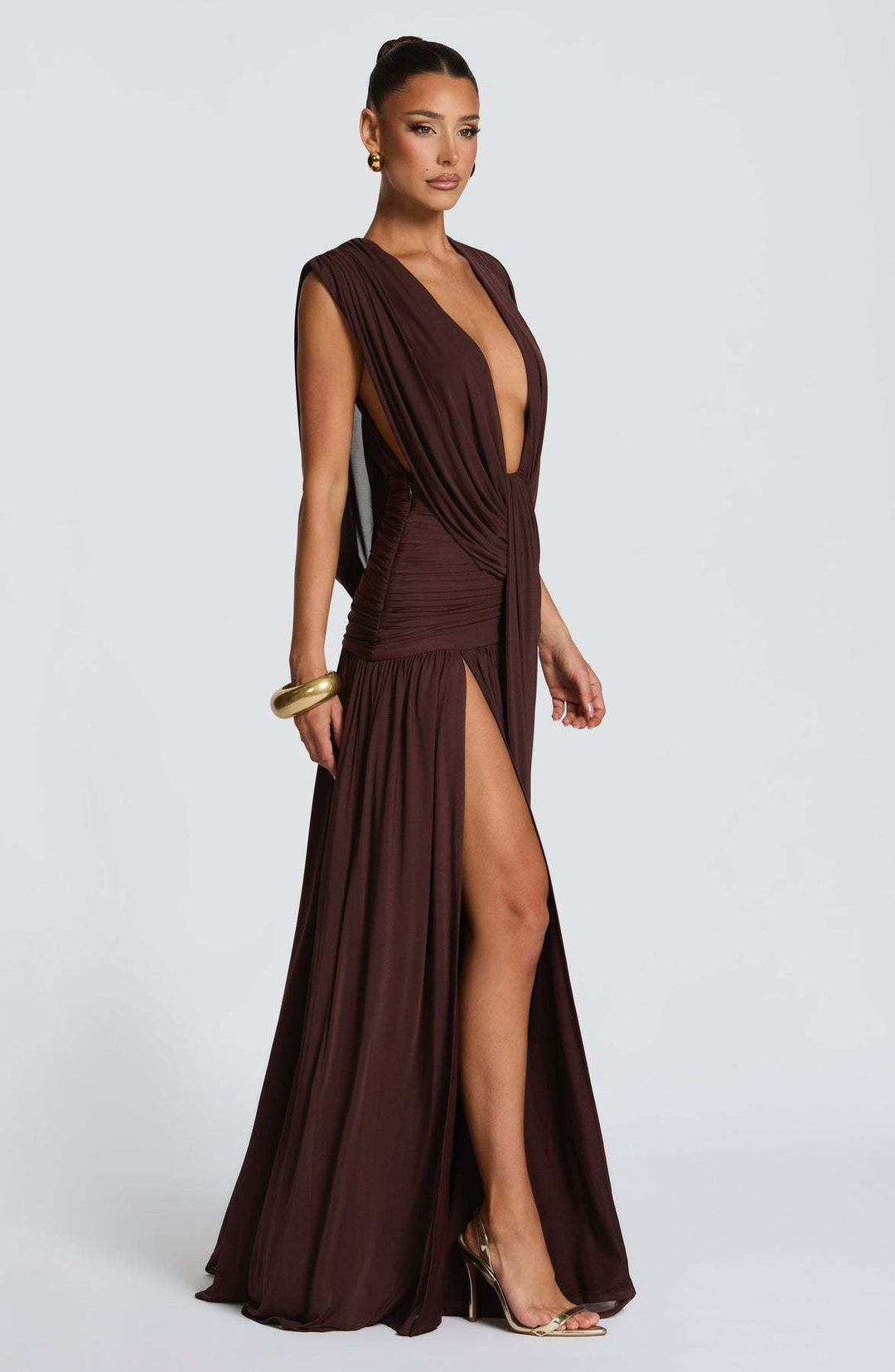 שמלת מקסי קיפולים בעיצוב גב פתוח ושסע - pnney