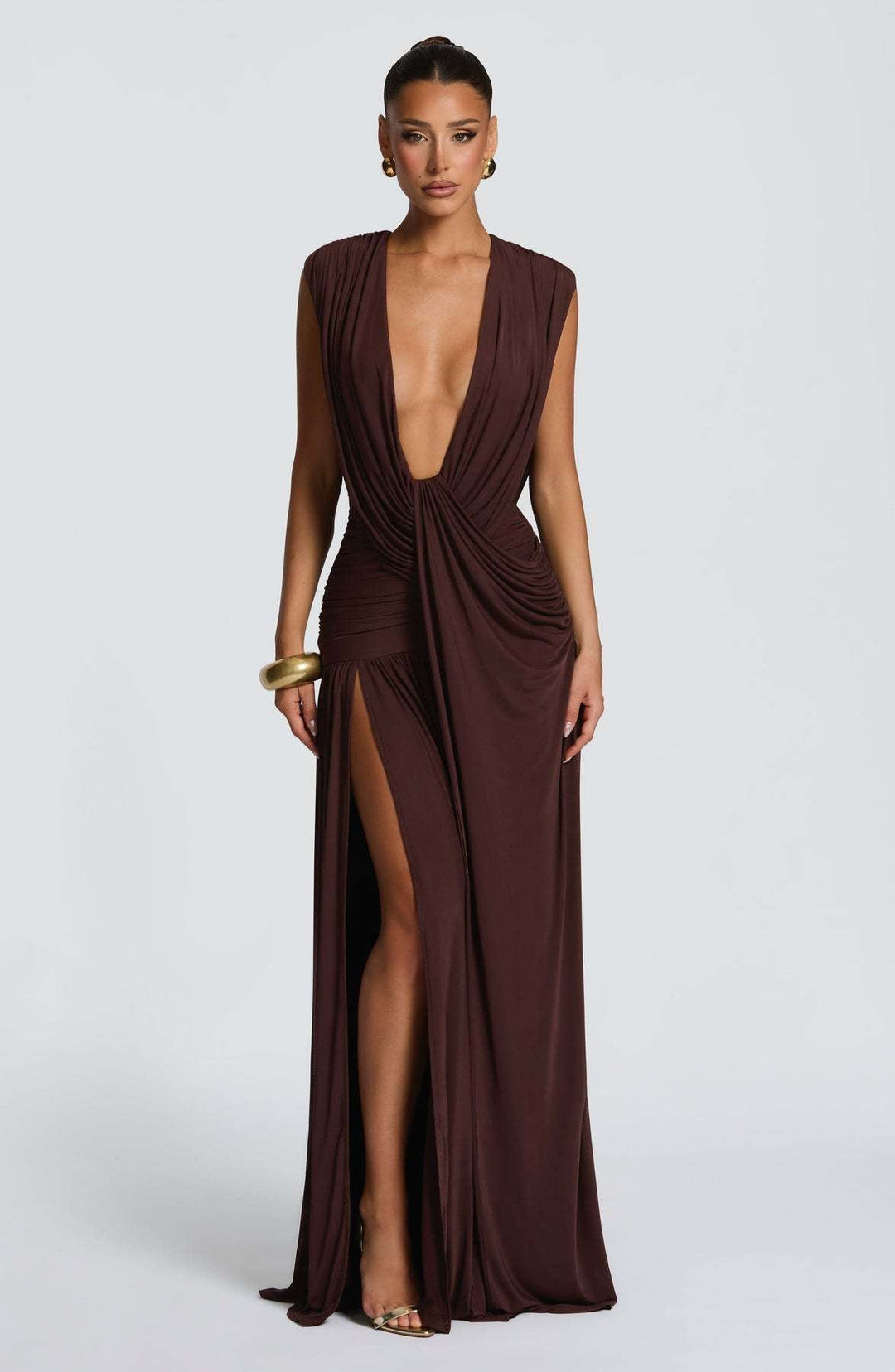 שמלת מקסי קיפולים בעיצוב גב פתוח ושסע - pnney