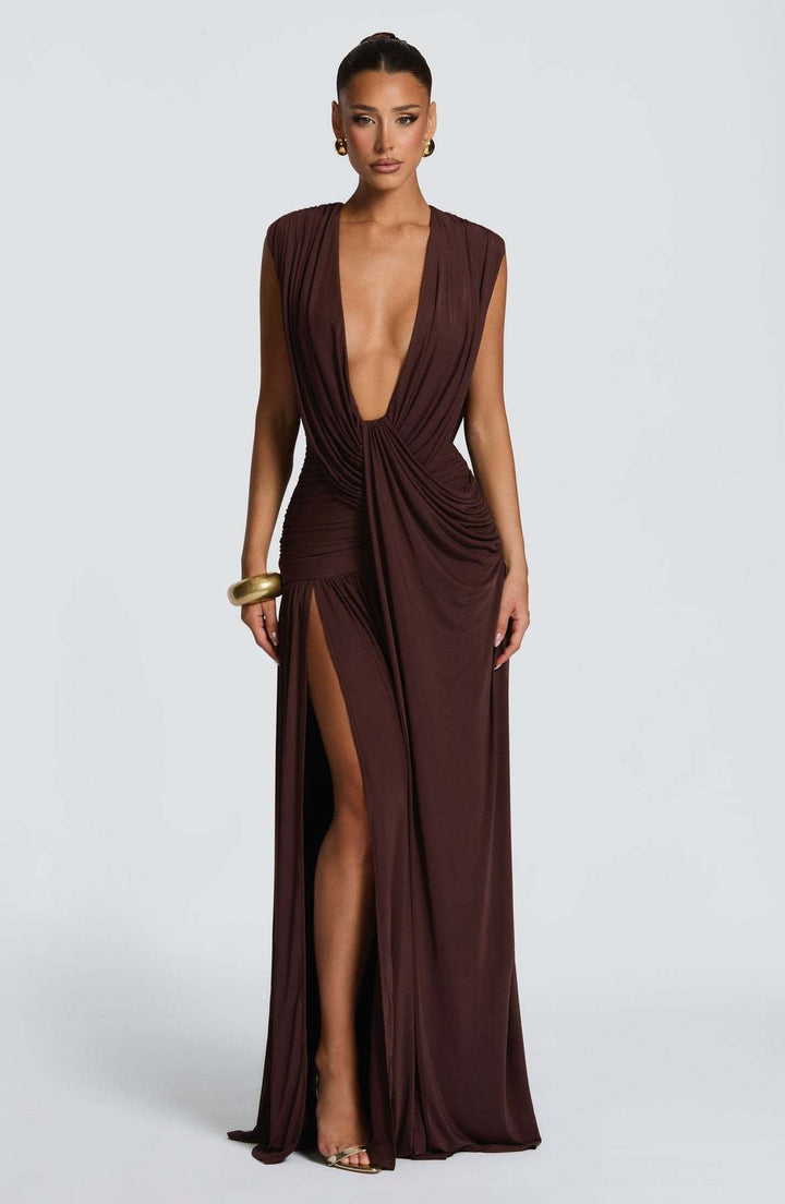 שמלת מקסי קיפולים בעיצוב גב פתוח ושסע - pnney