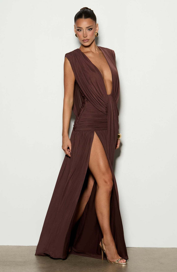 שמלת מקסי קיפולים בעיצוב גב פתוח ושסע - pnney