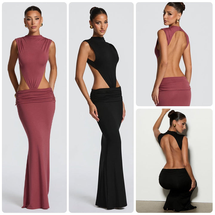 שמלת מקסי כיווצים בעיצוב גב פתוח ופתחים- pery