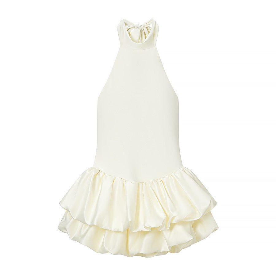 Tiered balloon mini dress with a turtleneck, neck ties, and an open back – DASSY