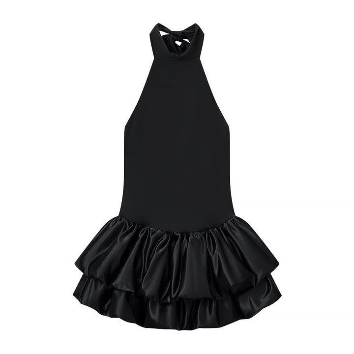 Tiered balloon mini dress with a turtleneck, neck ties, and an open back – DASSY