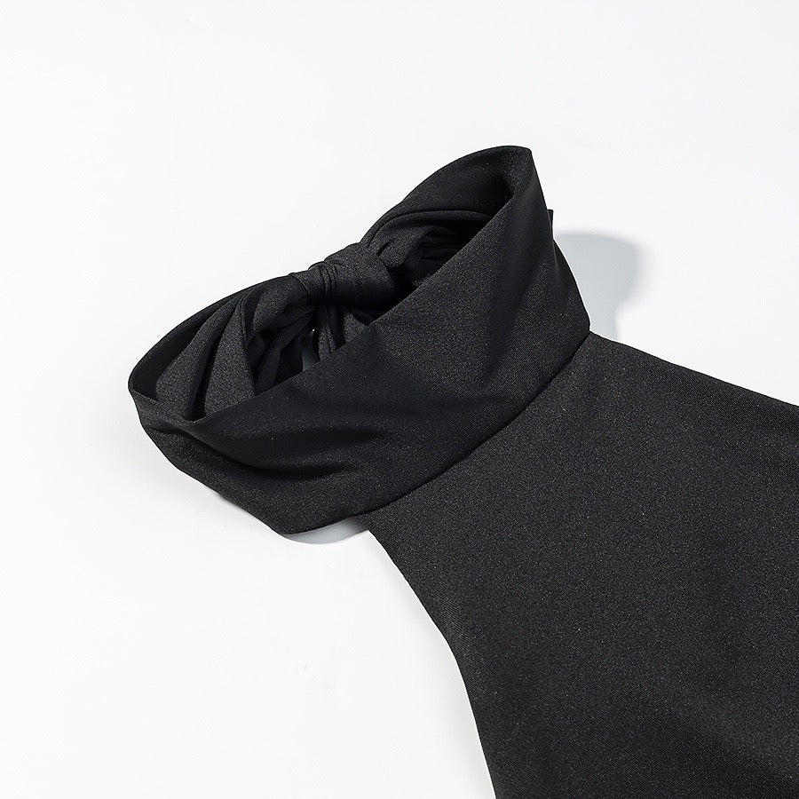 Tiered balloon mini dress with a turtleneck, neck ties, and an open back – DASSY