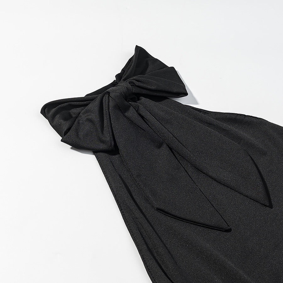 Tiered balloon mini dress with a turtleneck, neck ties, and an open back – DASSY