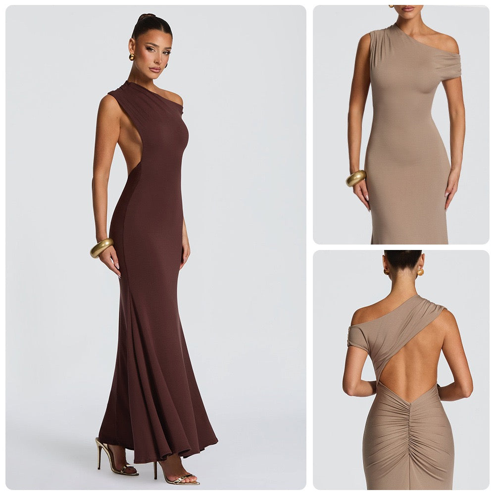 Off-the-shoulder maxi dress with open back and gathers at the buttocks - MORINA