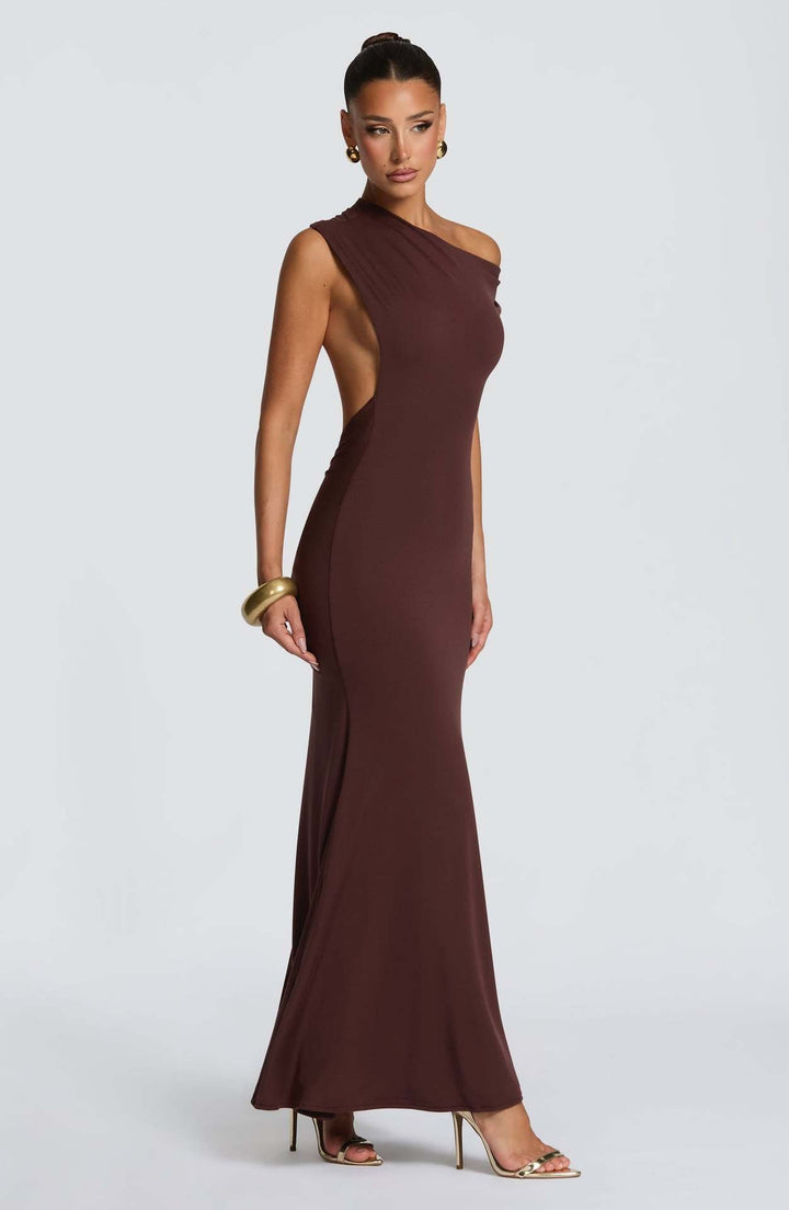 Off-the-shoulder maxi dress with open back and gathers at the buttocks - MORINA