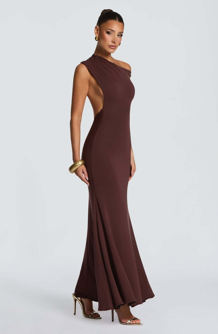 Off-the-shoulder maxi dress with open back and gathers at the buttocks - MORINA