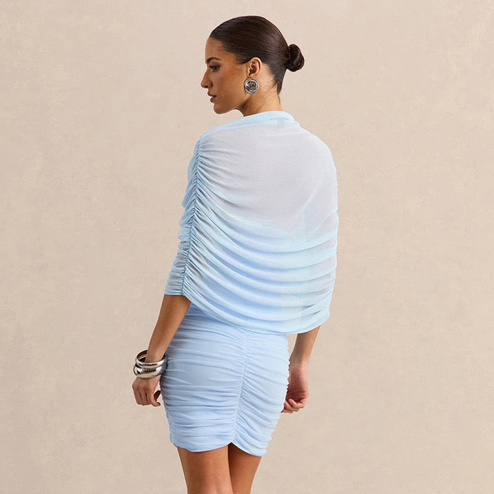 Strapless ruched mini dress with a pleated chiffon overlay – Cassandra