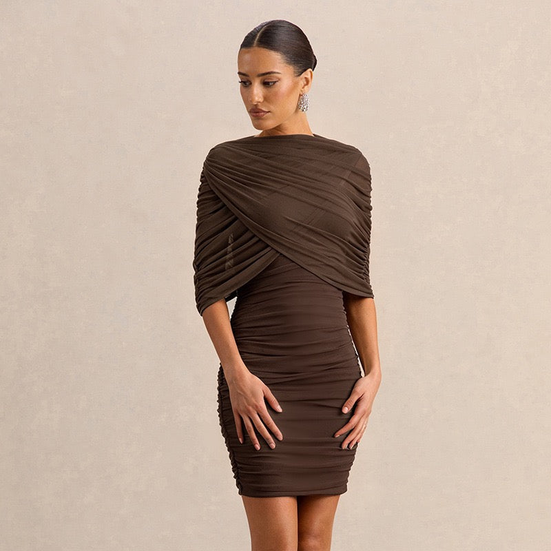 Strapless ruched mini dress with a pleated chiffon overlay – Cassandra