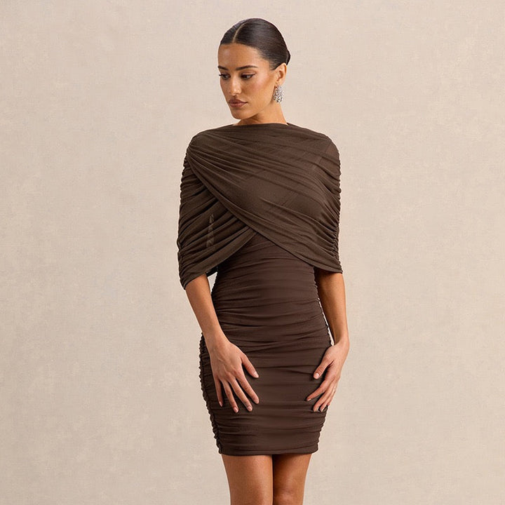 Strapless ruched mini dress with a pleated chiffon overlay – Cassandra