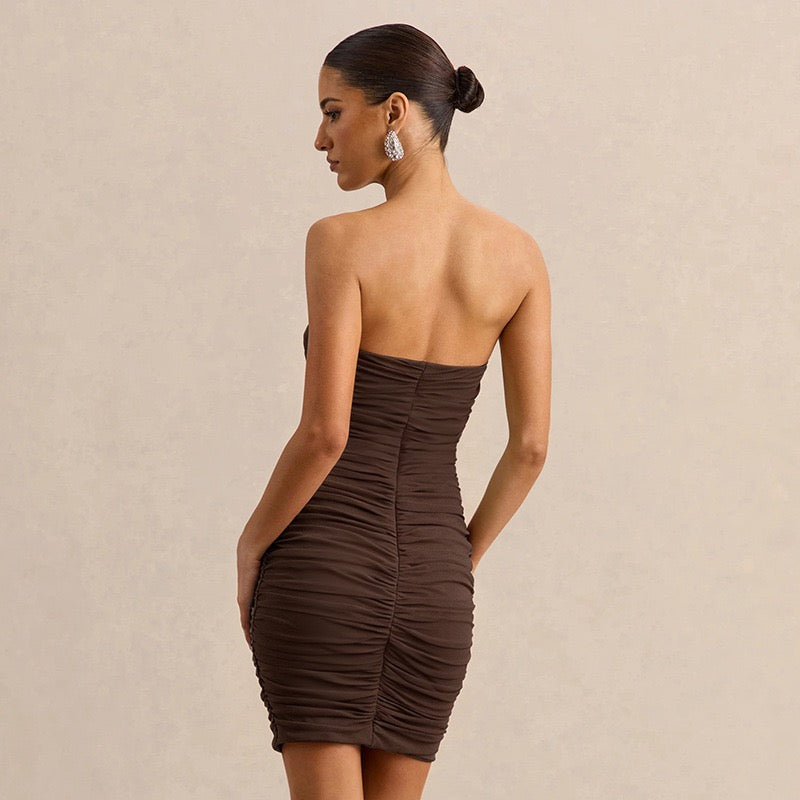 Strapless ruched mini dress with a pleated chiffon overlay – Cassandra