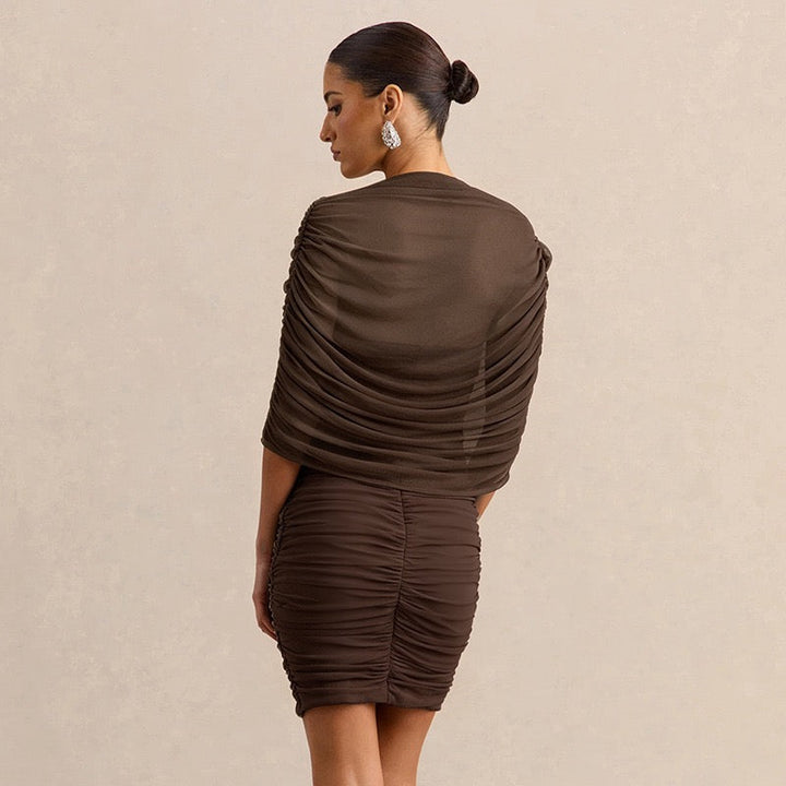 Strapless ruched mini dress with a pleated chiffon overlay – Cassandra