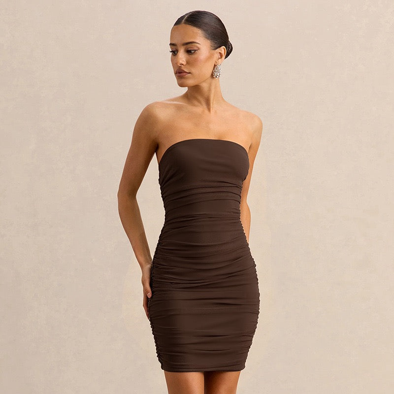 Strapless ruched mini dress with a pleated chiffon overlay – Cassandra