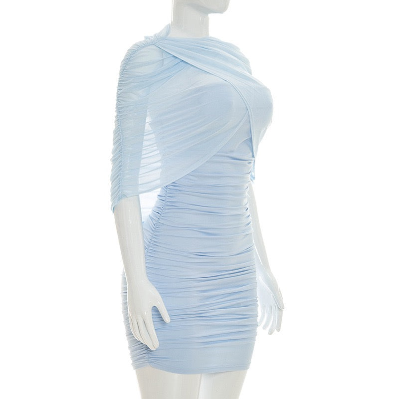 Strapless ruched mini dress with a pleated chiffon overlay – Cassandra