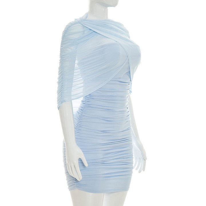 Strapless ruched mini dress with a pleated chiffon overlay – Cassandra