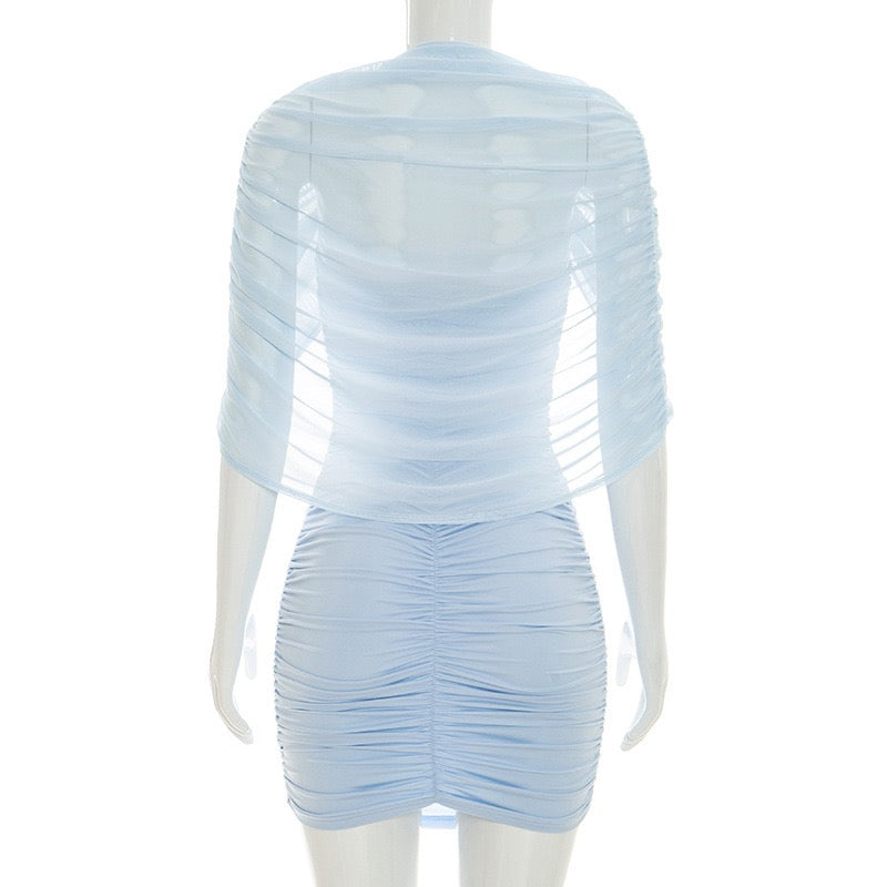 Strapless ruched mini dress with a pleated chiffon overlay – Cassandra