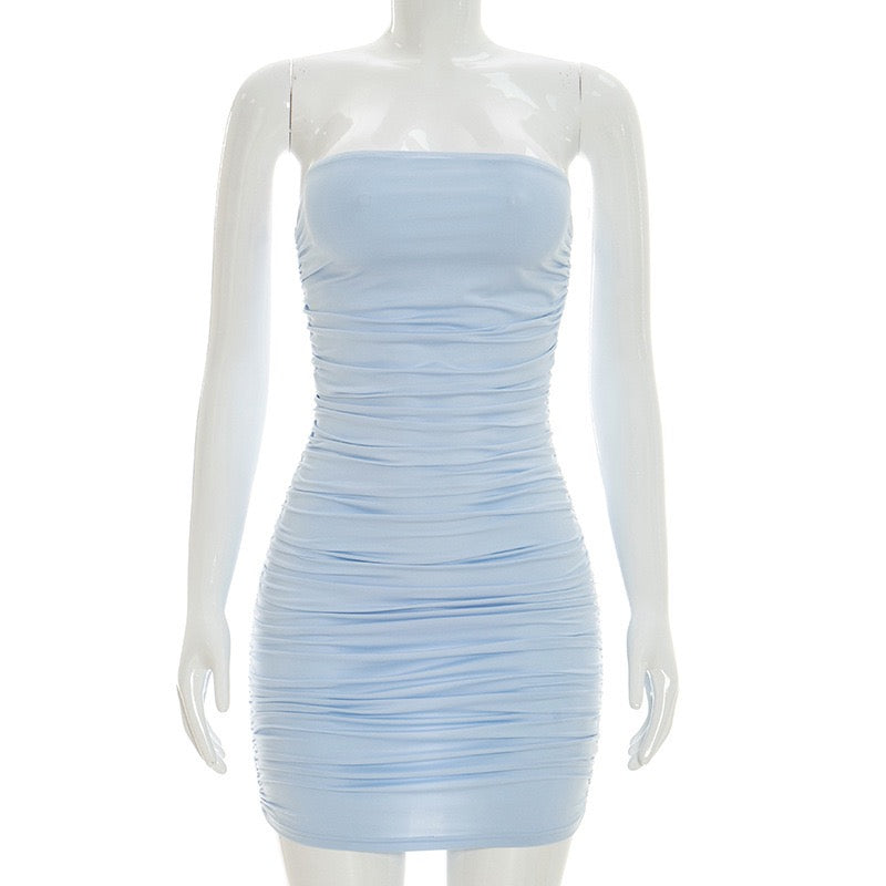 Strapless ruched mini dress with a pleated chiffon overlay – Cassandra